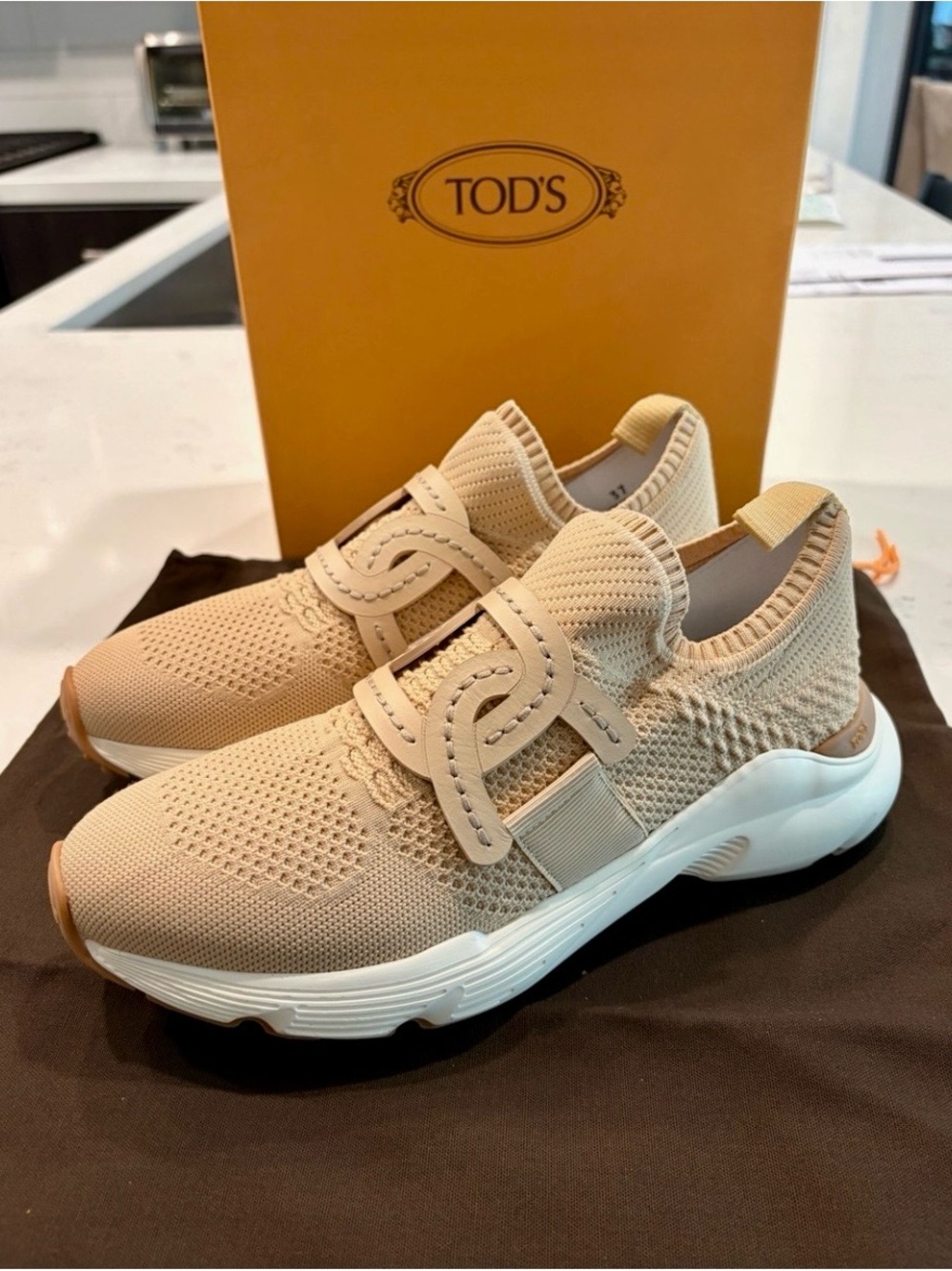 NWOT TOD'S Beige Knit Slip-On Sneakers with White Sole